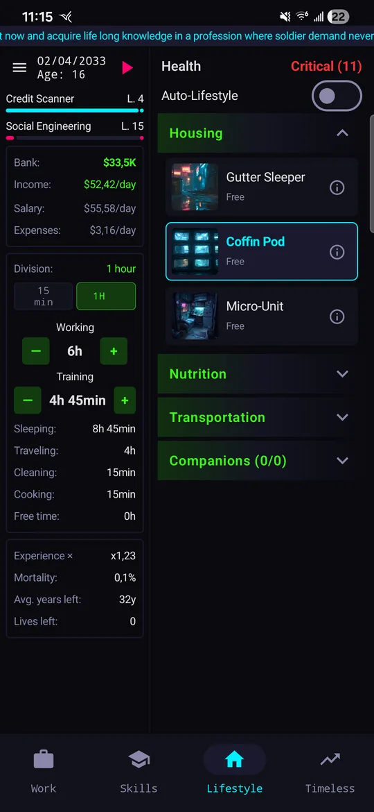 Lifestyle screen — housing options