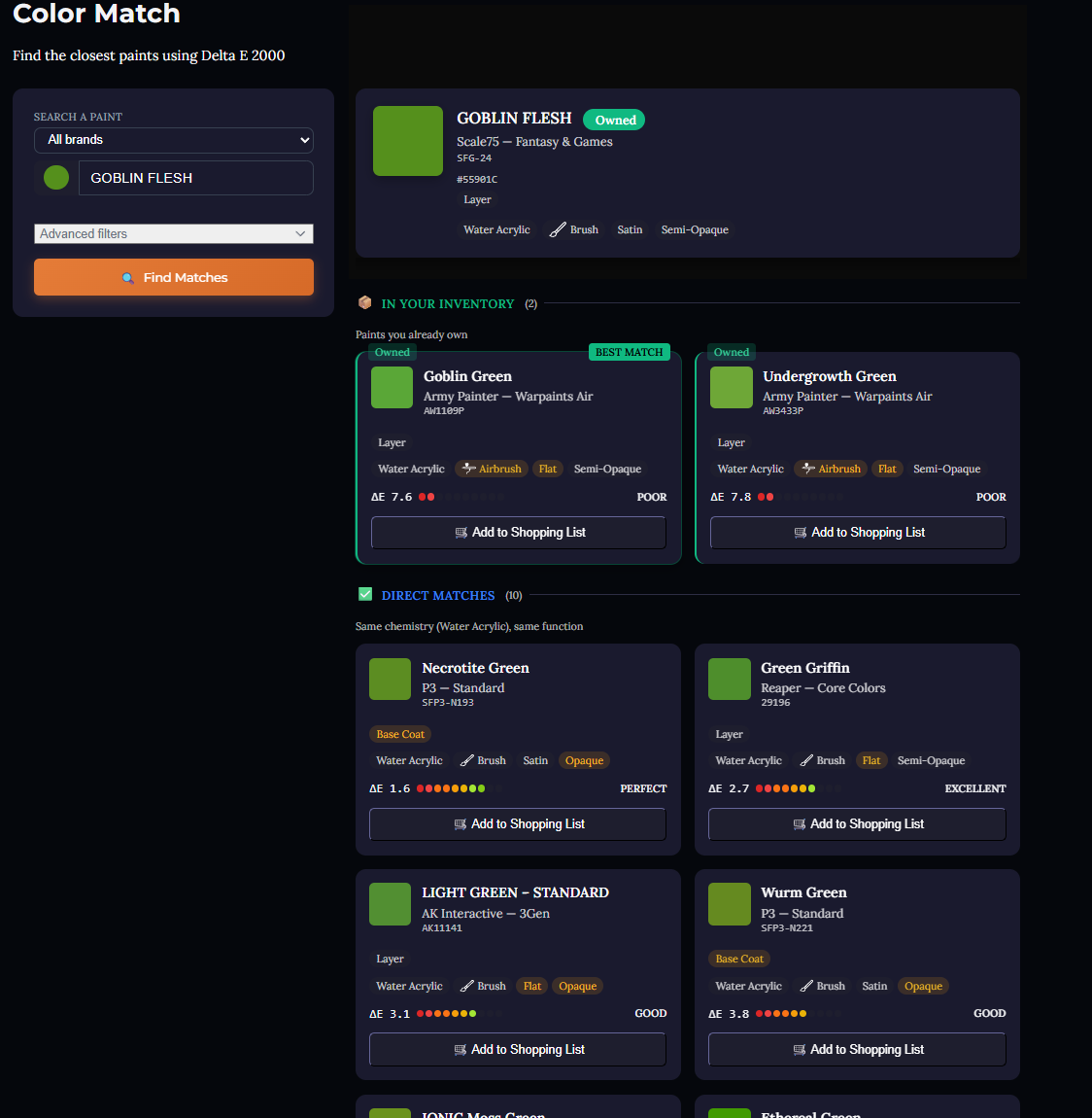 Screenshot: Find the closest paints using Delta E