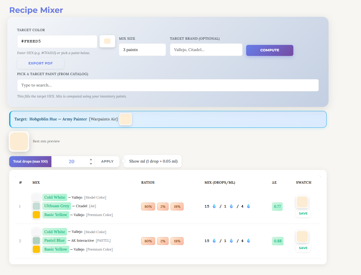 Recipe mixing interface